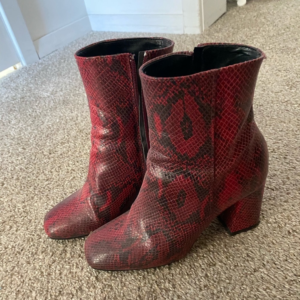 Red snakeskin booties
